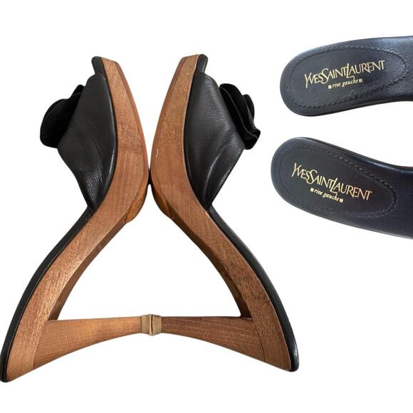 AUTHENTIC YSL YVES SAINT LAURENT Y2K BLACK ROSE LEATER HEELS SANDALS SZ 6/36 EUC - Picture 5 of 6